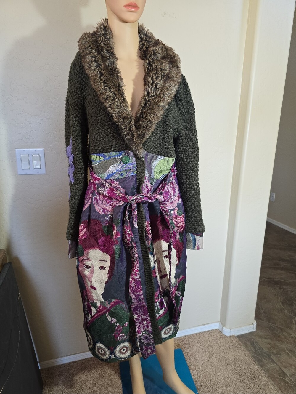 Vintage Desigual Floral Embroidered Knit Coat with Faux Fur Collar Size 46